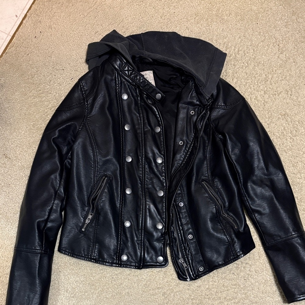 We The Free Black vegan Leather Jacket with acid wash Hood sz M